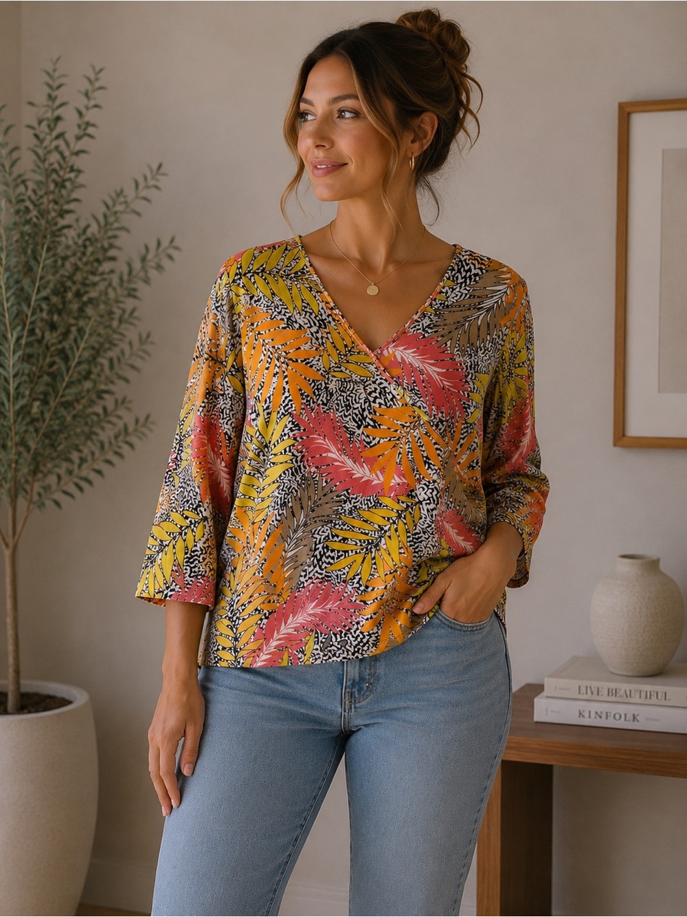 Ruby Rd. Multicolor Tropical Leaf Print V-Neck Blouse Size L Stretch Cotton